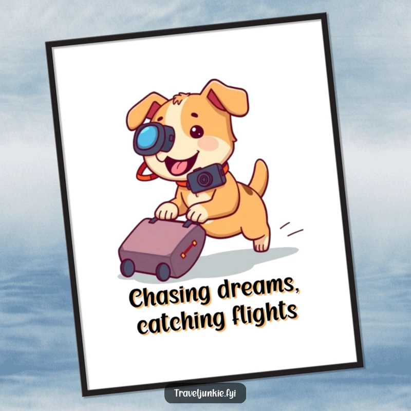 Funny Free Printable Wall Art: A playful dog with a camera chases a rolling suitcase, depicting a humorous travel scene.