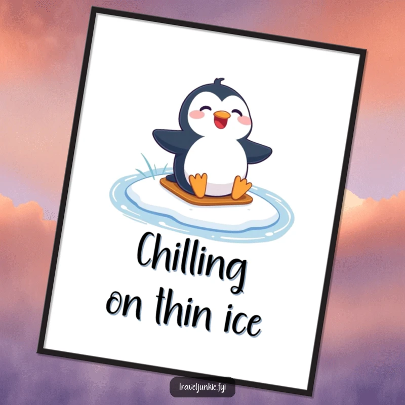 Funny Free Printable Wall Art: Joyful penguin in mid-slide across a frozen lake, capturing a moment of pure winter happiness.