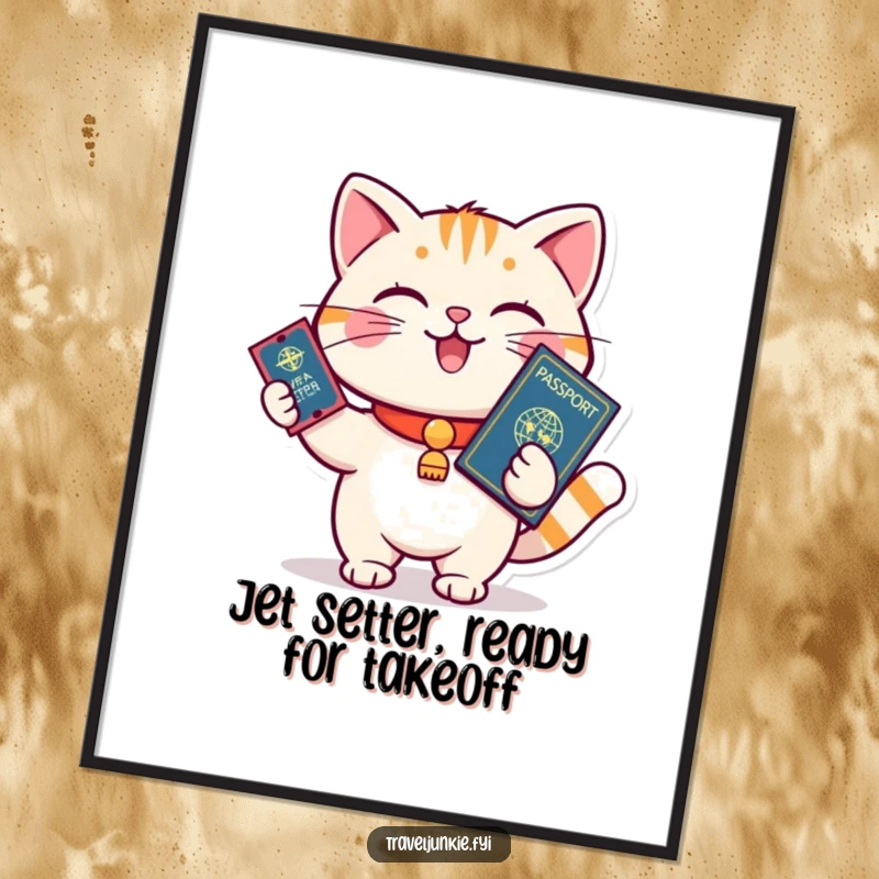 Funny Free Printable wall art of a playful cat holding a passport and ticket, ready to board a magical journey.