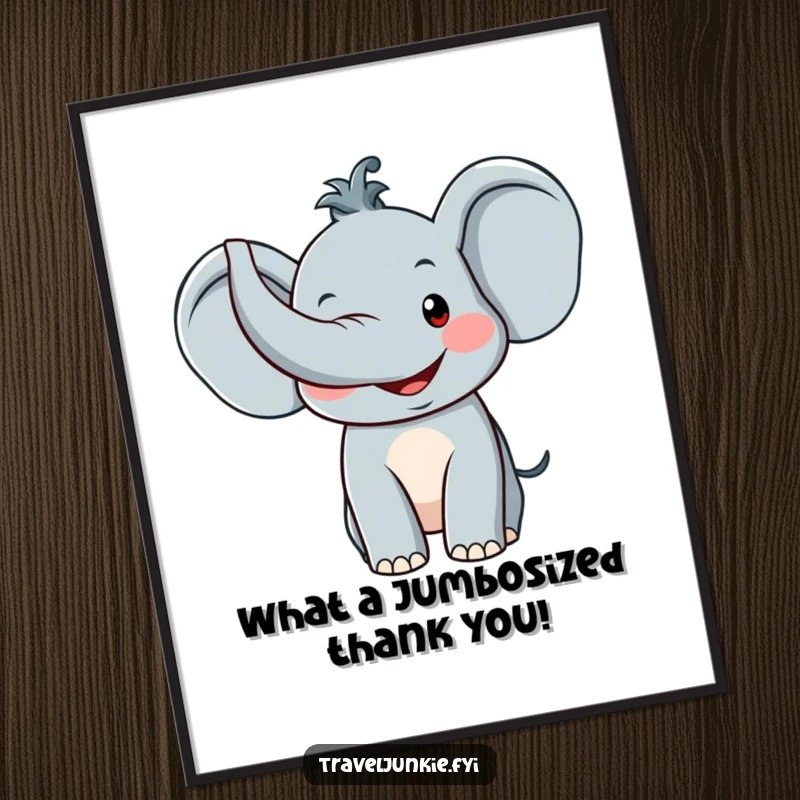 Funny Free Printable Wall Art featuring a smiling elephant with its trunk raised in a cheerful, welcoming gesture.
