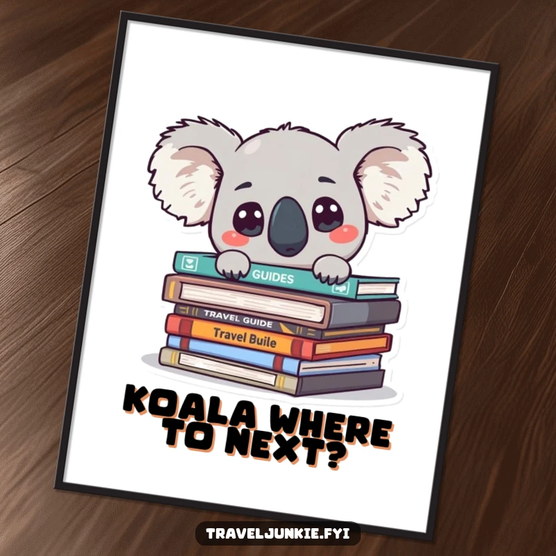 Funny Free Printable Koala Wall Art: Curious koala peeking from travel guides, perfect for adding whimsy to decor.