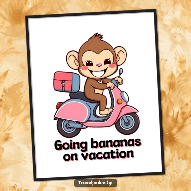 Funny Free Printable Wall Art: Beaming monkey riding a suitcase like a scooter, joyful travel, downloadable art.