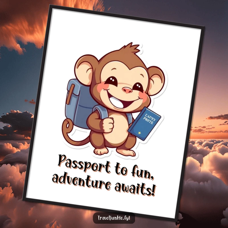 Funny Free Printable Monkey Wall Art: Cheerful monkey with backpack and passport, ready for adventure, great for home decor.