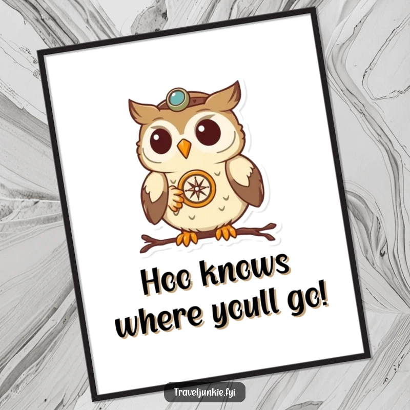 Funny Free Printable Owl Compass Wall Art, a determined owl expertly navigates with a compass, adding quirky charm to any room, downloadable.