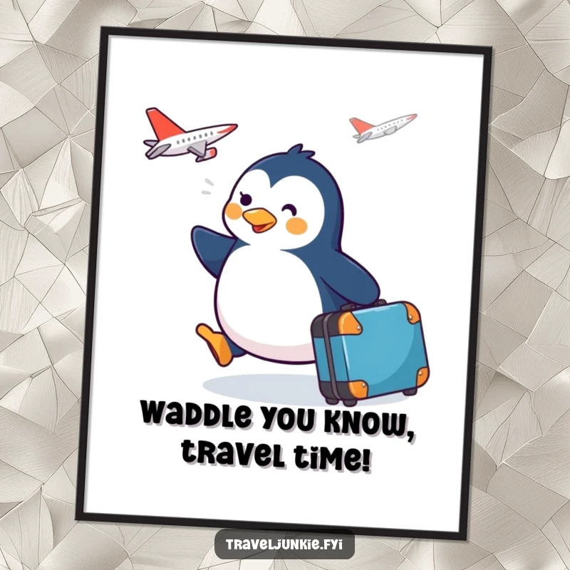 Funny Free Printable Penguin Wall Art: Happy penguin with suitcase, waddling towards a plane, perfect for travel-themed rooms.