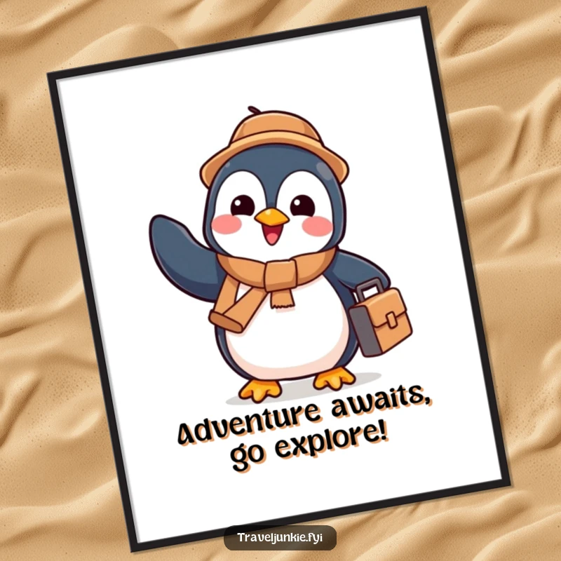 Funny Free Printable wall art of a happy penguin with a tiny suitcase waving goodbye enthusiastically, dreaming of travel.