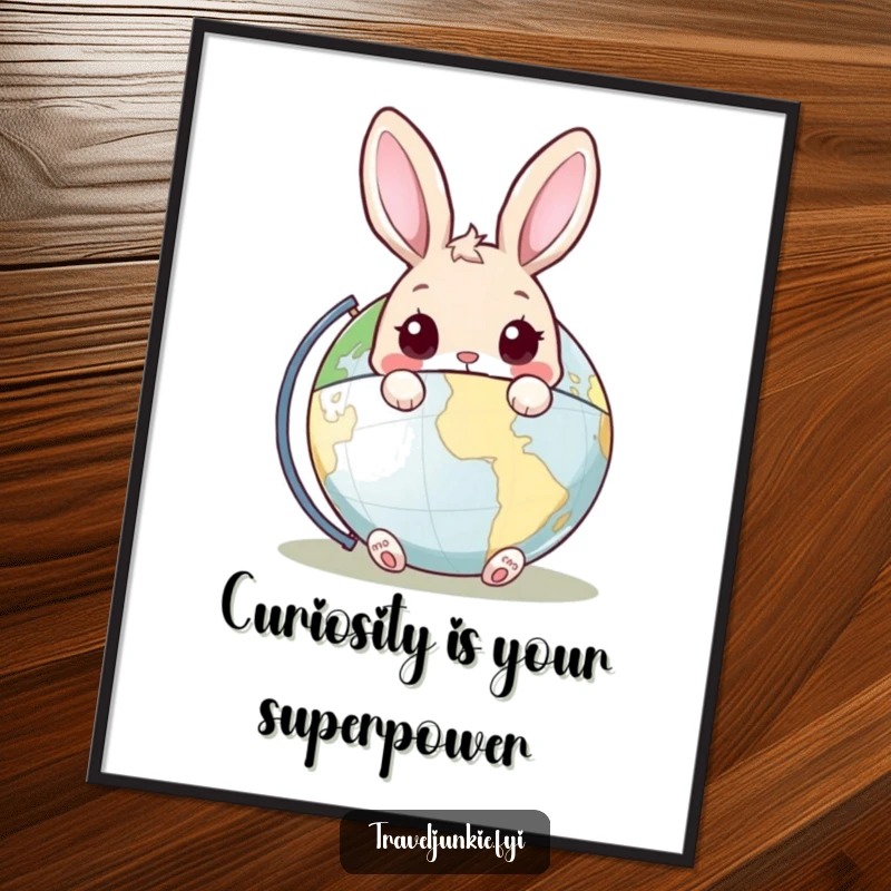 Funny Free Printable Wall Art of a rabbit curiously peeking from behind a colorful world globe, adding a touch of adventure.