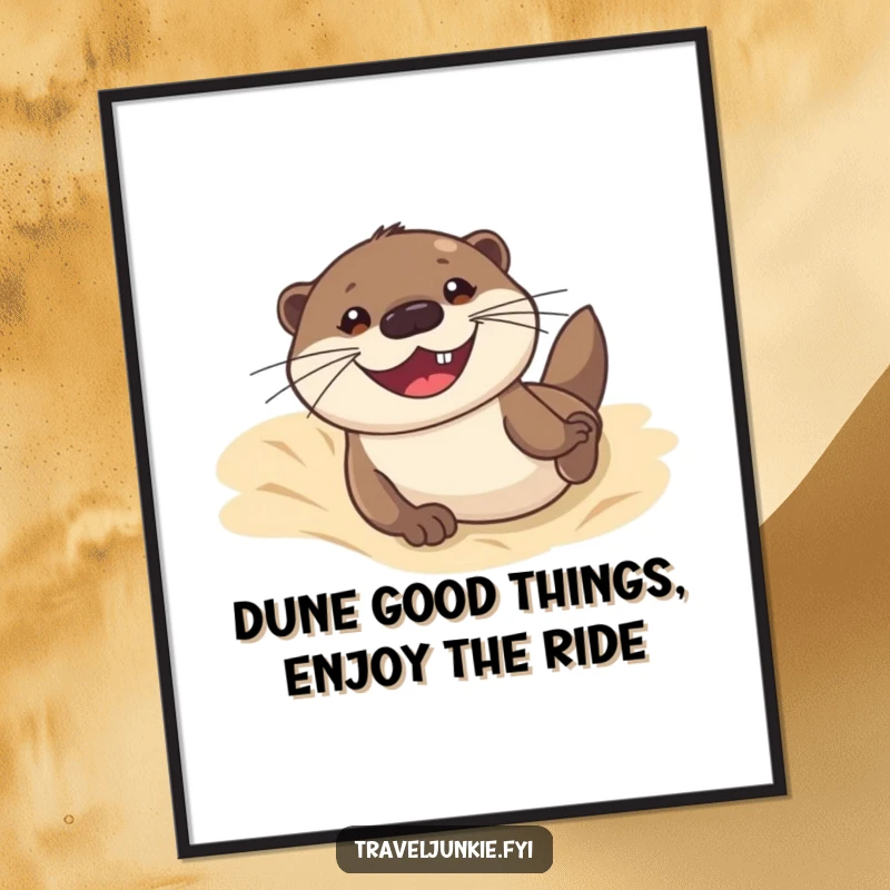 Funny Free Printable Wall Art depicting a cute otter joyfully sliding down a sandy dune with a massive, playful grin.