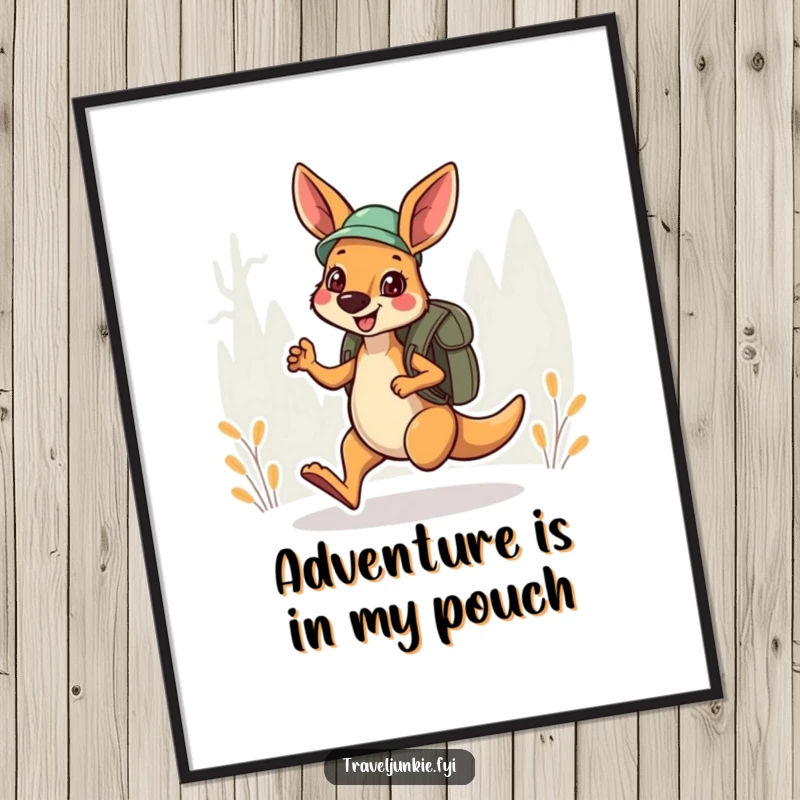 Funny free printable wall art of a cheerful kangaroo explorer hopping with a backpack, symbolizing adventure.