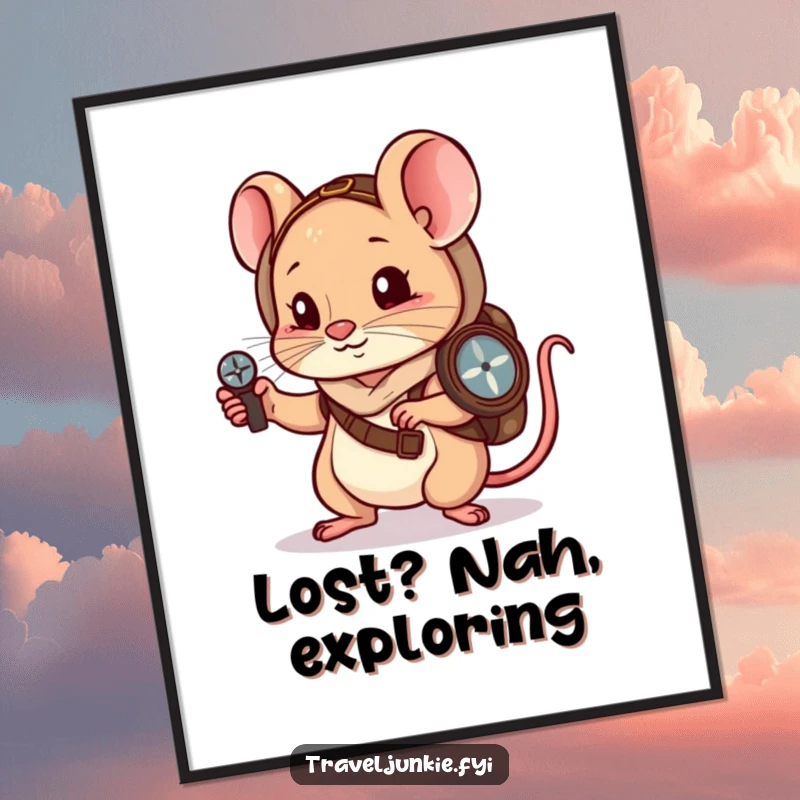 Funny free printable wall art of a little mouse wanderer expertly navigating with a compass, perfect for adventurers.