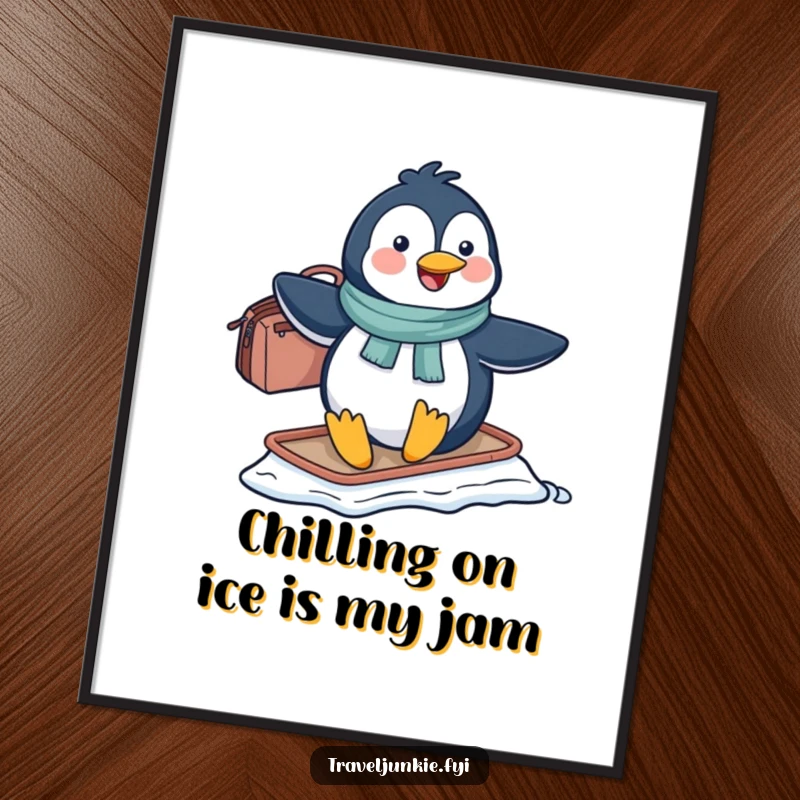 Funny Free Printable Penguin Wall Art: Penguin with travel bag slides on ice, captured in a humorous moment.