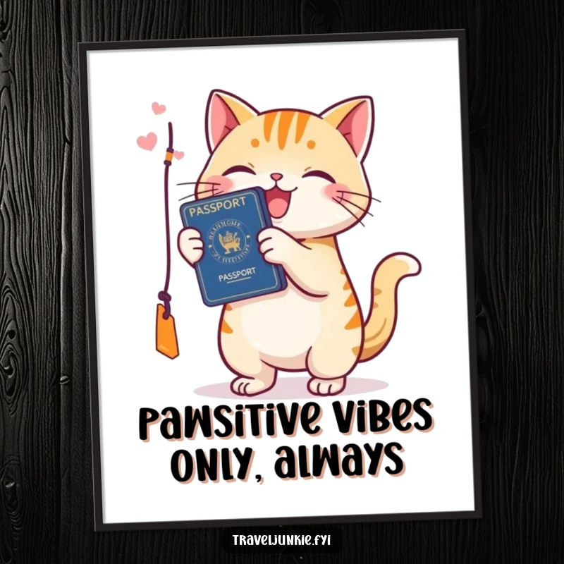 Funny Free Printable Wall Art: Cat with passport batting a tag, whimsical and humorous downloadable decor.