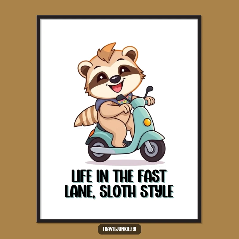 Funny Free Printable Wall Art: Energetic Sloth Scooter Speed - Hilarious Downloadable Decor