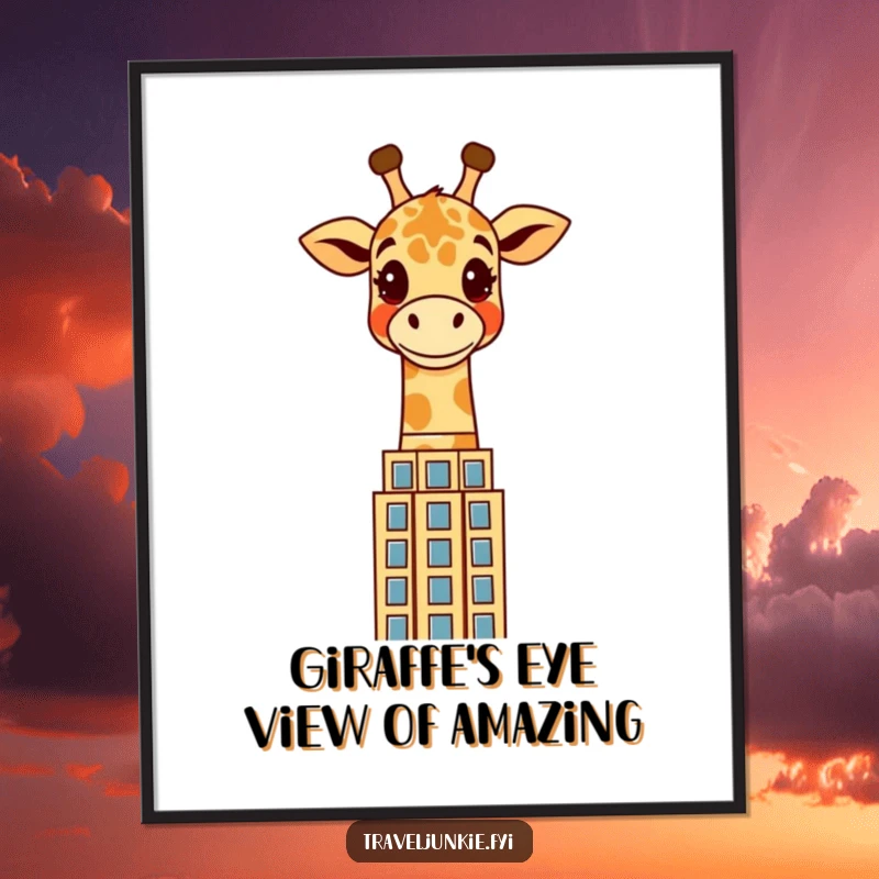 Funny Free Printable Wall Art: Cheerful giraffe with a long neck peering over a stylized, colorful skyscraper.