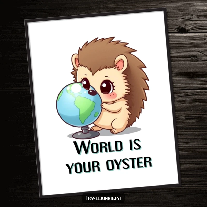 Funny Free Printable Wall Art: Curious hedgehog with wide eyes intently examining a world globe, pondering global wonders.