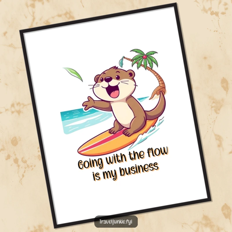 Funny free printable wall art: An excited otter gleefully rides a surfboard on a blue wave towards a tropical beach.