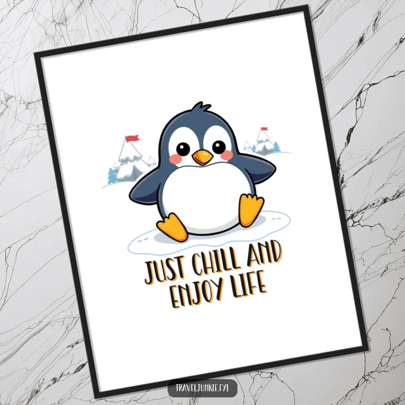 Funny Free Printable Wall Art: A happy penguin sliding with momentum down a smooth, shiny ice slope.