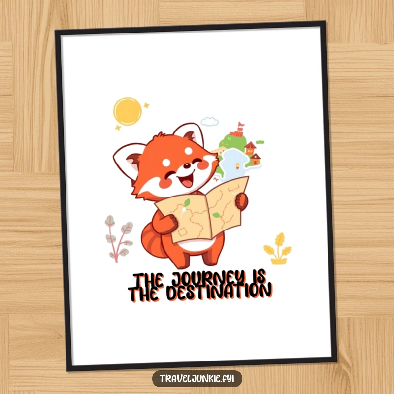 Funny free printable wall art: A joyful red panda clutches a map, pointing with excitement towards an uncharted path.