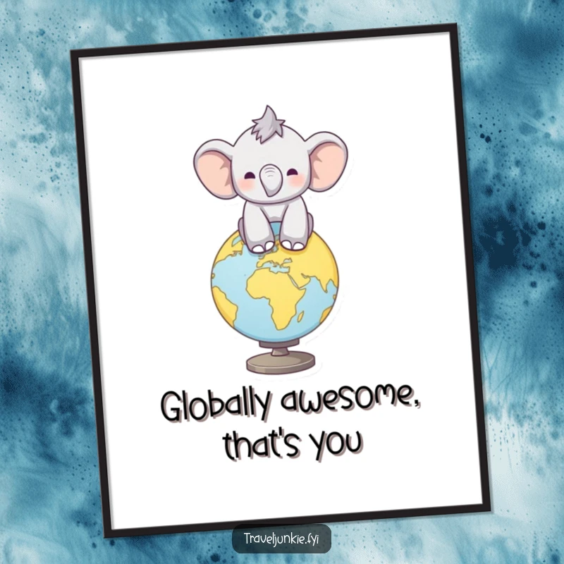 Funny Free Printable Wall Art: A joyful elephant calf happily balances on a globe, bringing a sense of wonder and global fun.