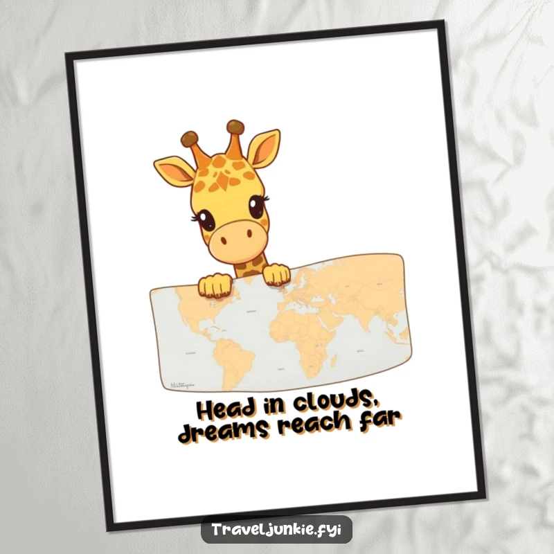 Funny Free Printable Giraffe Map Wall Art, a happy giraffe peeks over a large map, inspiring adventure and discovery, downloadable.