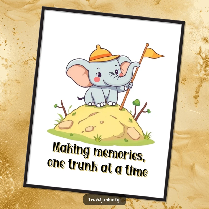 Funny Free Printable Wall Art: Joyful elephant explorer planting a flag on a hill. A cheerful downloadable decor.