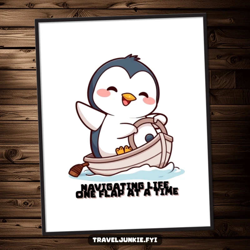 Funny Free Printable Wall Art: Happy cartoon penguin comically attempting to steer a tiny boat, a humorous nautical scene.