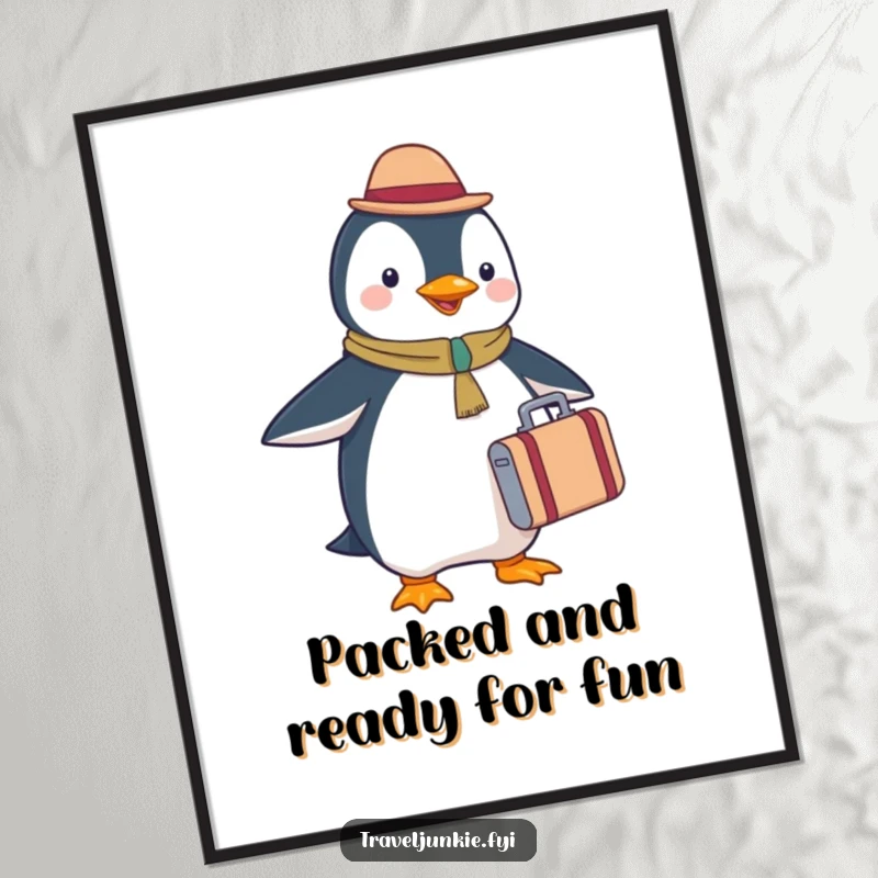 Funny Free Printable wall art of a happy penguin tourist with a tiny suitcase, ready for adventure, downloadable decor.
