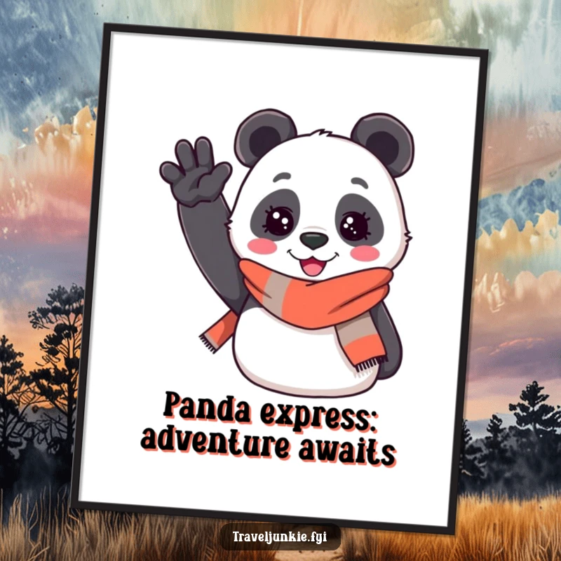 Funny free printable wall art: a cheerful panda wearing a travel scarf enthusiastically waves a friendly hello.