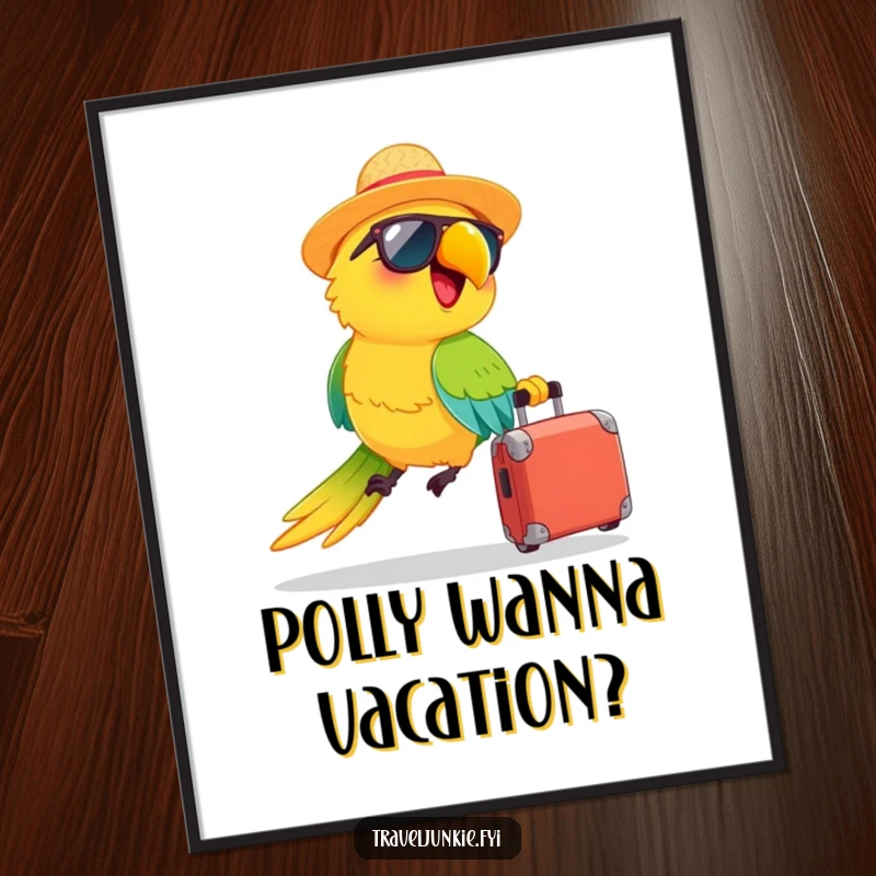 Funny free printable wall art: a happy parrot in a straw hat and sunglasses zooms with a suitcase, ready for vacation.