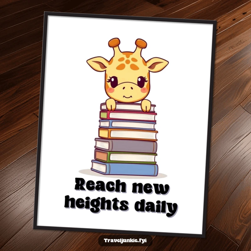 Funny Free Printable Wall Art: Giraffe with a smile peeking over stack of books, whimsical downloadable decor.