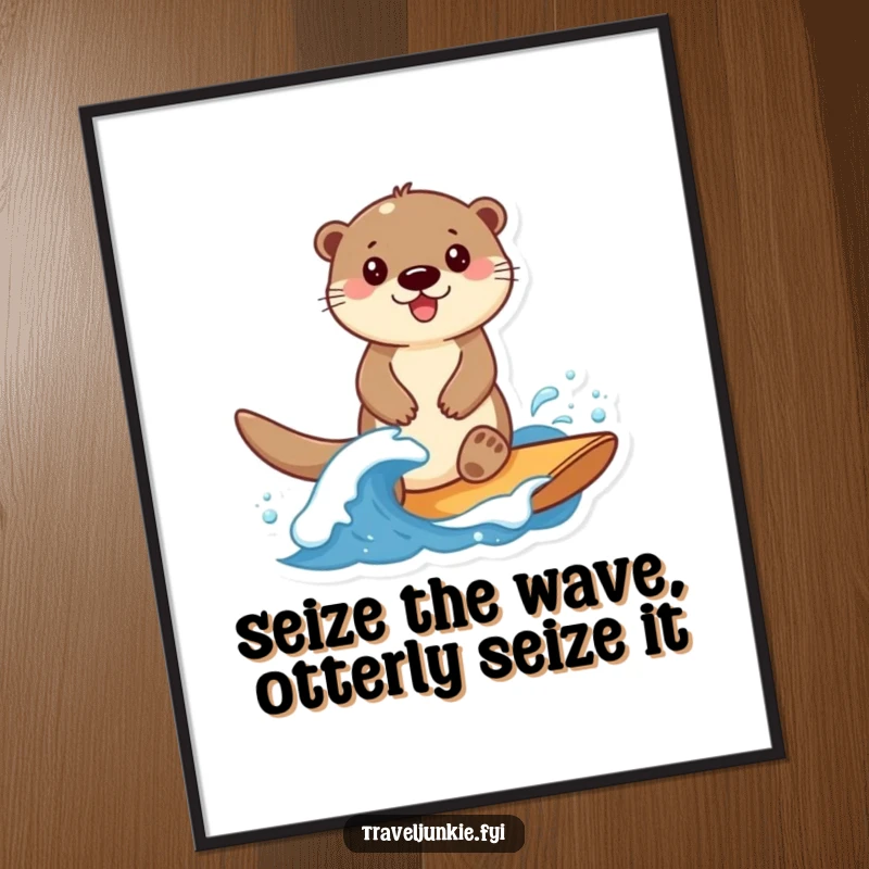 Funny free printable wall art of a smiling otter playfully riding a small, delightful wave, creating beach vibes.