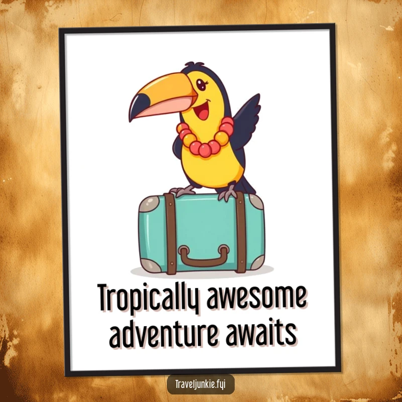 Funny Free Printable Wall Art: Joyful toucan with lei playfully balancing on a suitcase, tropical, humorous, downloadable decor.