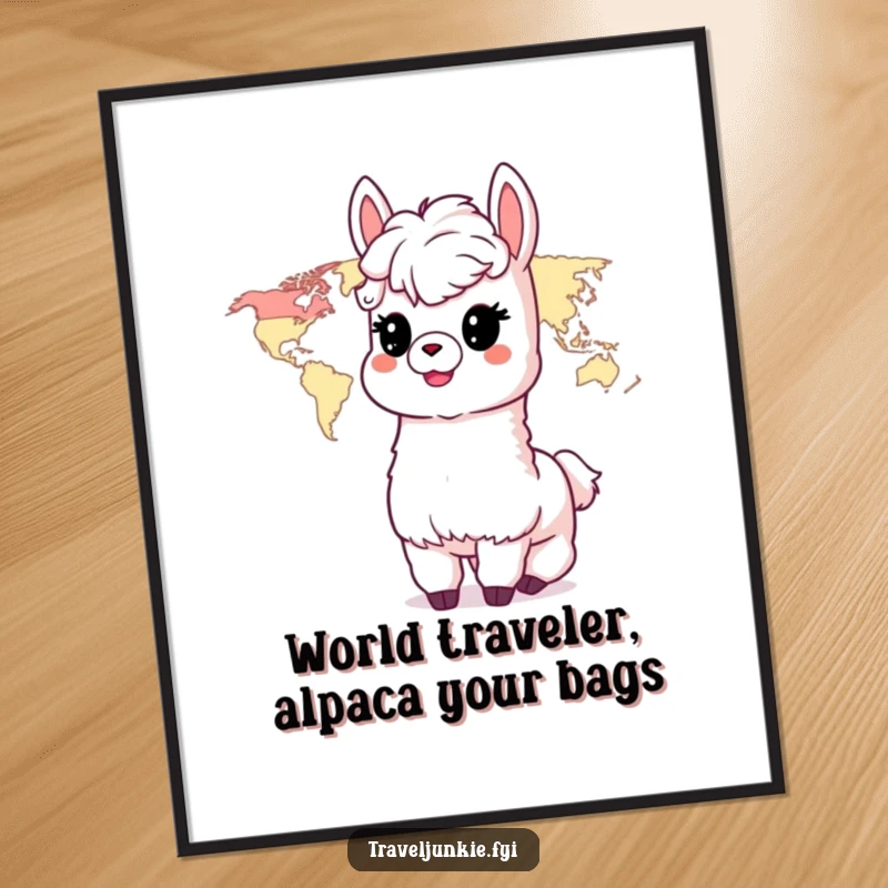 Funny free printable wall art featuring a delighted alpaca eagerly exploring a vibrant world map, inspiring wanderlust.