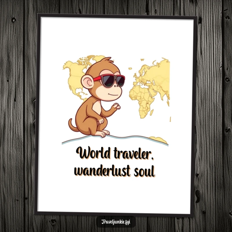 Funny Free Printable wall art of a curious monkey wearing sunglasses looking at a world map, dreaming of adventure.
