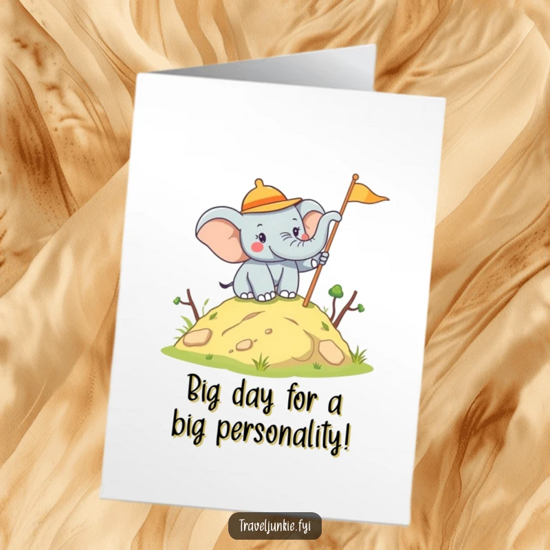 Funny Free Printable Birthday Card: Joyful elephant explorer planting a flag. A celebratory and downloadable greeting.