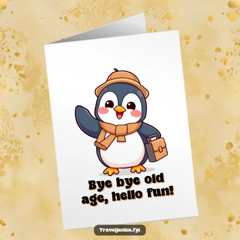 Funny Free Printable birthday card of a happy penguin with a tiny suitcase waving goodbye enthusiastically, ready for travel.