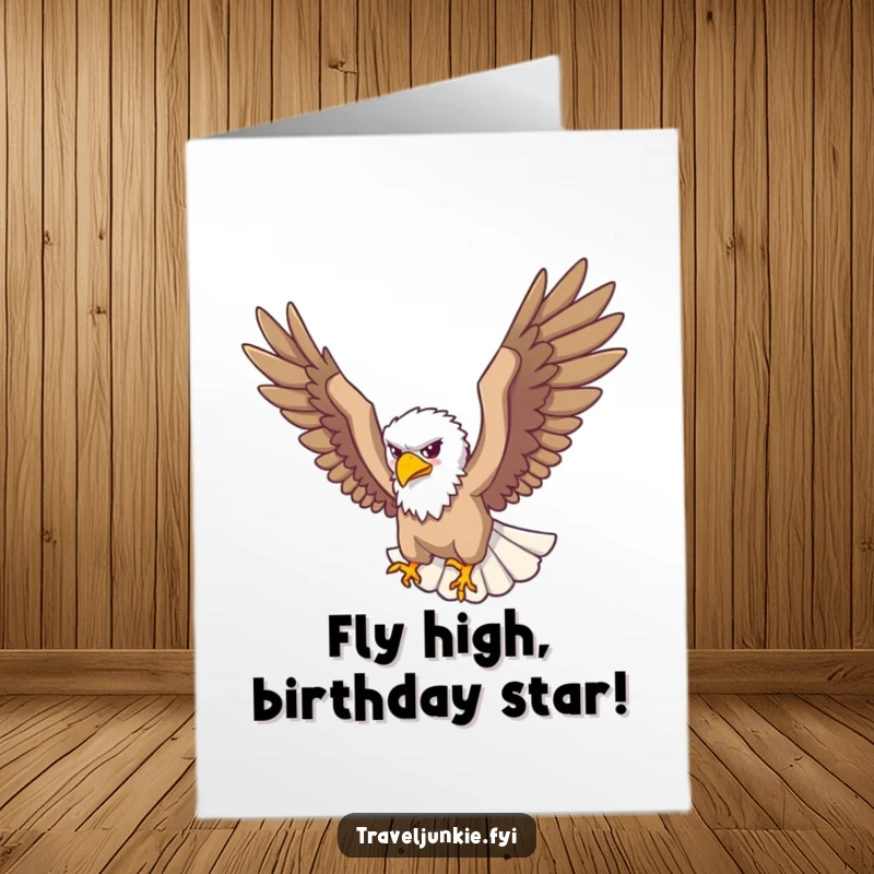 Funny free printable birthday card featuring a soaring eagle traveler looking down majestically from above.