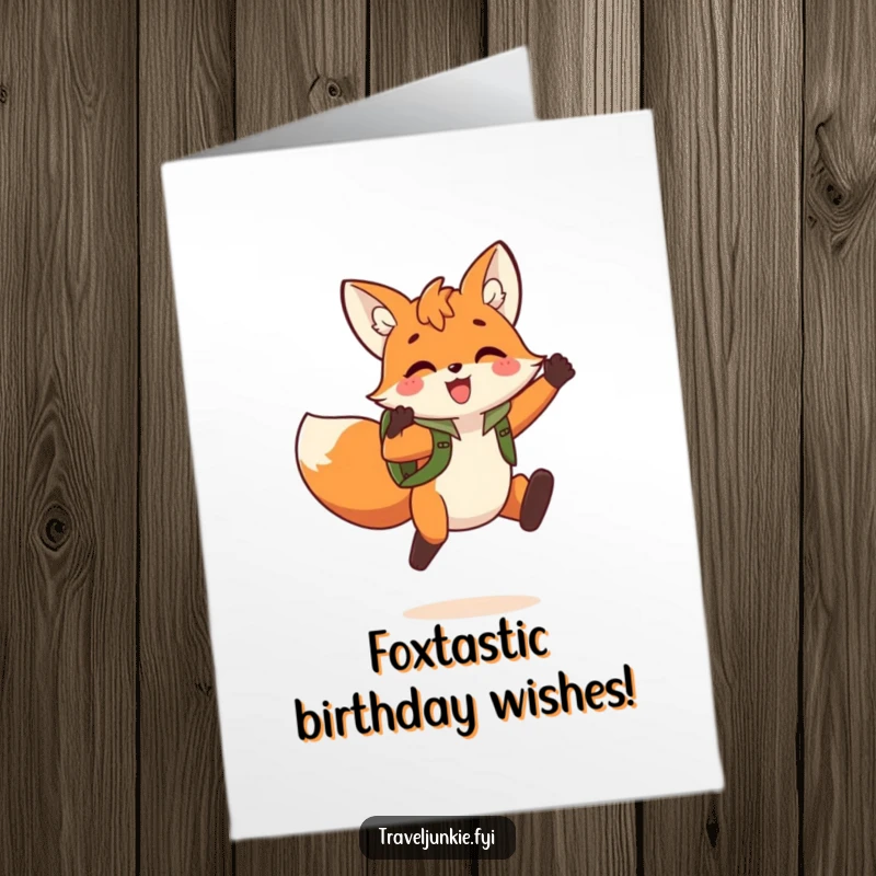 Funny Free Printable Birthday Card showing a joyful fox with a backpack mid-air, leaping triumphantly with pure birthday excitement.