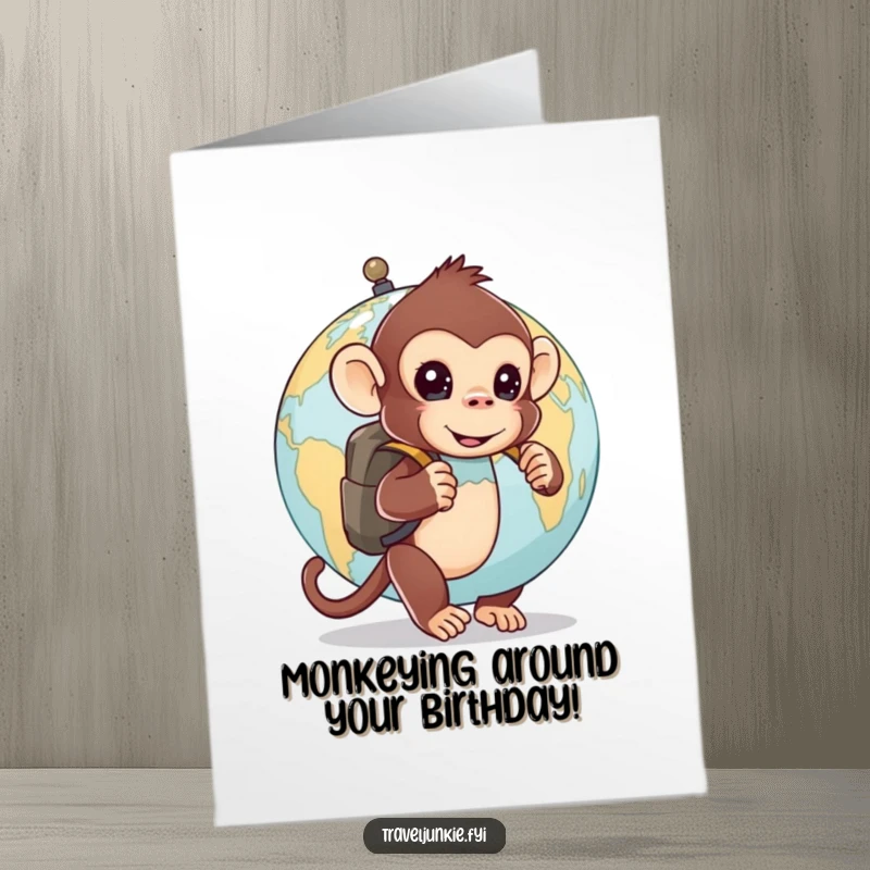 Funny free printable birthday card: a curious monkey with a backpack peeks from behind a globe.