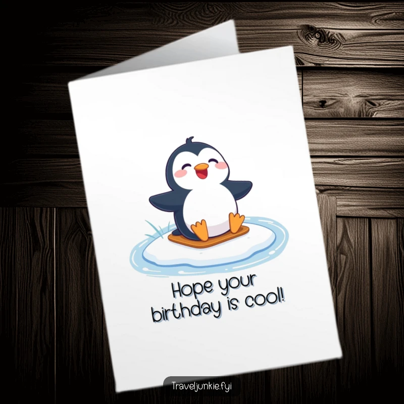 Funny Free Printable Birthday Card: Joyful penguin happily sliding across a frozen lake, celebrating in icy style.