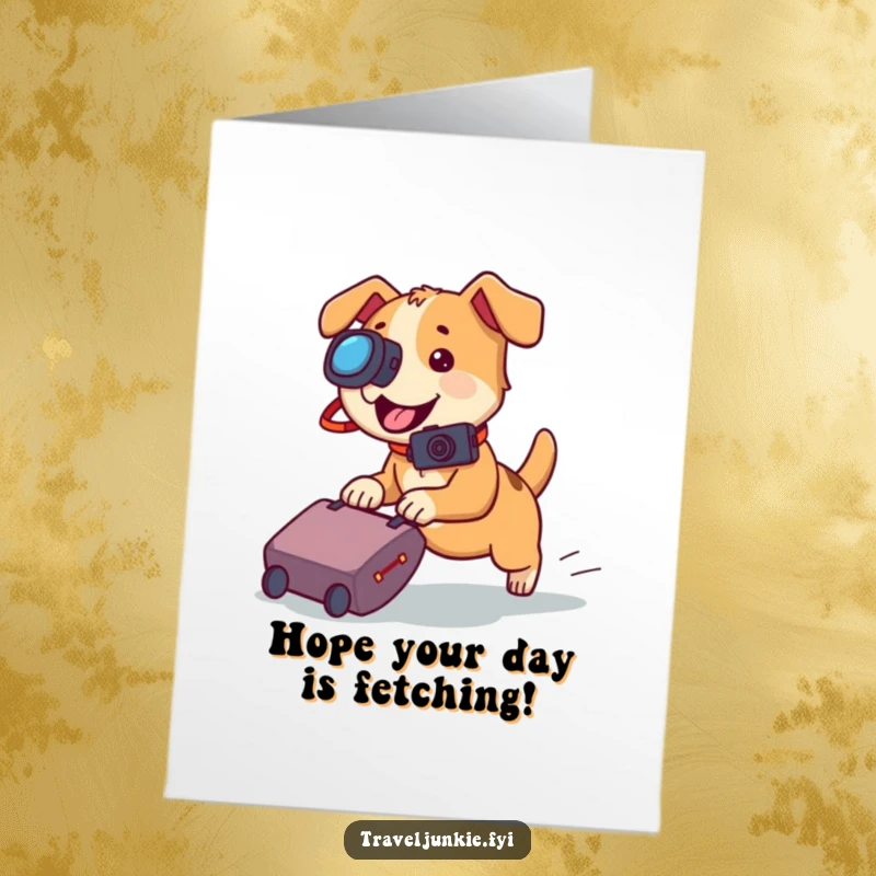 Funny Free Printable Birthday Card: A playful dog with a camera excitedly chases a rolling suitcase, ready for adventure.