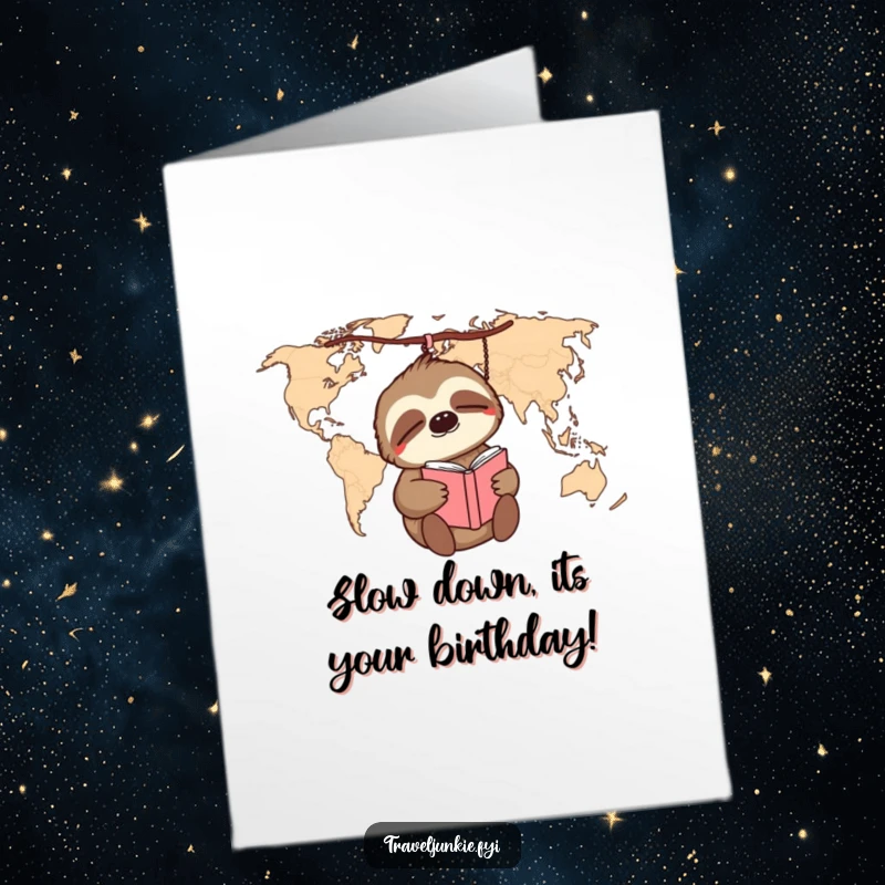 Funny Free Printable Birthday Card: Sleepy sloth dangling from a world map, holding a travel journal, dreaming of journeys.
