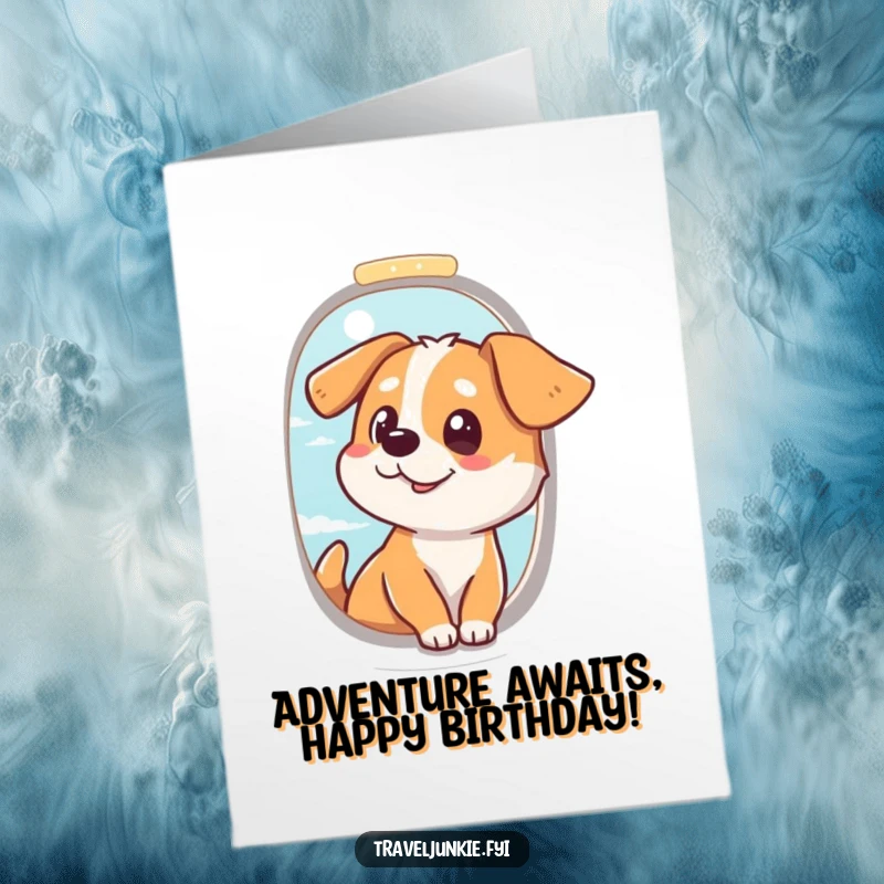 Funny Free Printable Birthday Card: A dog with a happy expression looks out an airplane window, excited for the journey.