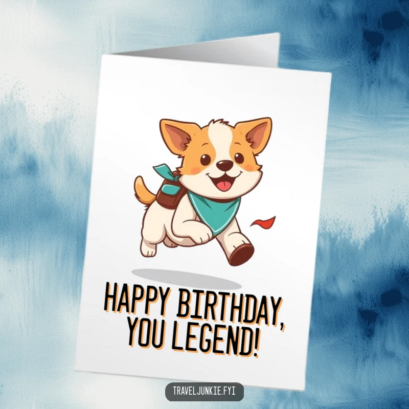 Funny Free Printable birthday card of an energetic dog running with a bandana and a small backpack, ready for fun.