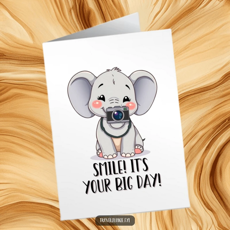 Funny Free Printable birthday card of a cheerful elephant with a camera around its neck posing for a photo, celebrating.
