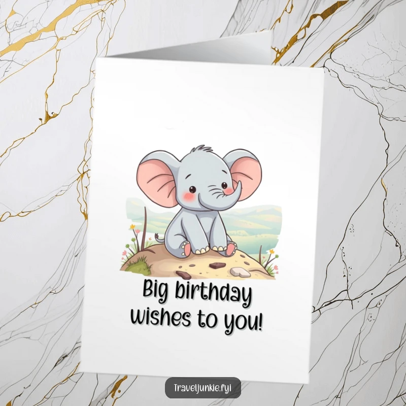 Free Printable Elephant Birthday Card: Content elephant enjoys a scenic hilltop view, celebrating a birthday.