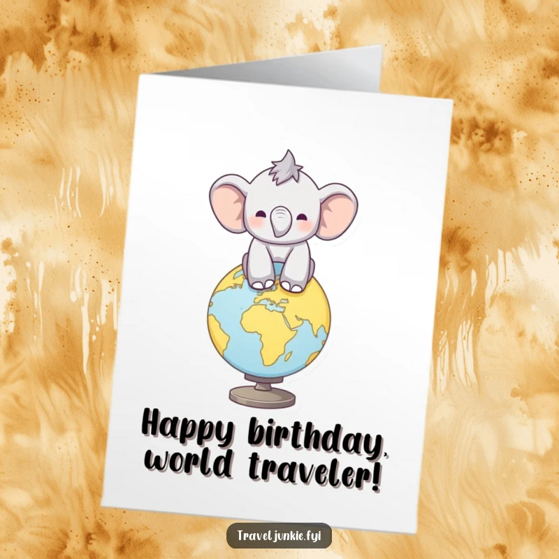 Funny Free Printable Birthday Card: A joyful elephant calf happily balances on a spinning globe, celebrating a world of birthday fun.
