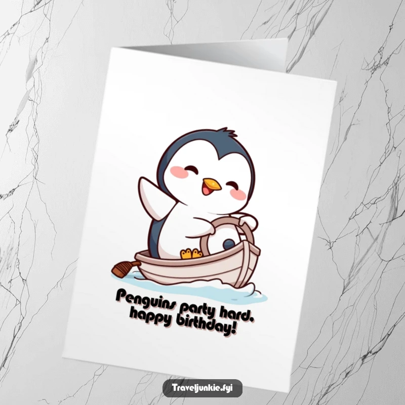 Funny Free Printable Birthday Card: Happy cartoon penguin comically attempting to steer a tiny boat, celebrating a birthday.
