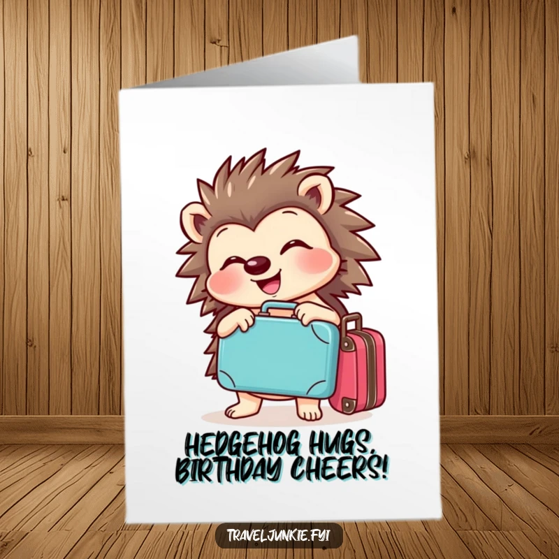 Funny Free Printable Birthday Card: Cheerful hedgehog joyfully posing with a tiny suitcase, ready for birthday travels.