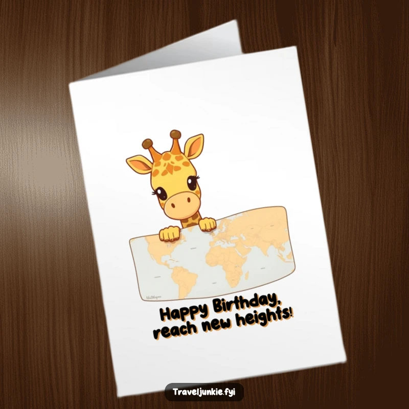 Funny Free Printable Giraffe Birthday Card, a happy giraffe peeks over a large map, delivering birthday wishes from afar, downloadable.